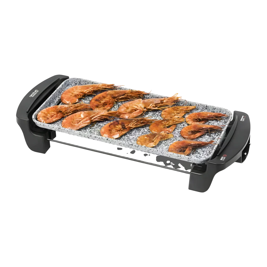 Plancha de asar Cecotec Rock&Water 2000 1800W Negro, detalle: superficie de piedra con gambas a la plancha