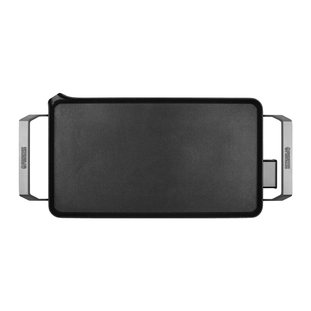Plancha de asar Princess Table Chef Premium XL 2500W 460x260mm Negro, detalle cenital: superficie antiadherente lisa, asas