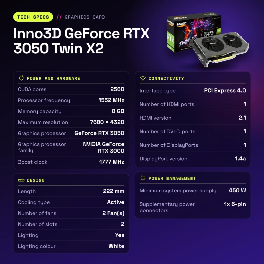 Inno3D GeForce RTX 3050 Twin X2 8GB GDDR6 Preto - características
