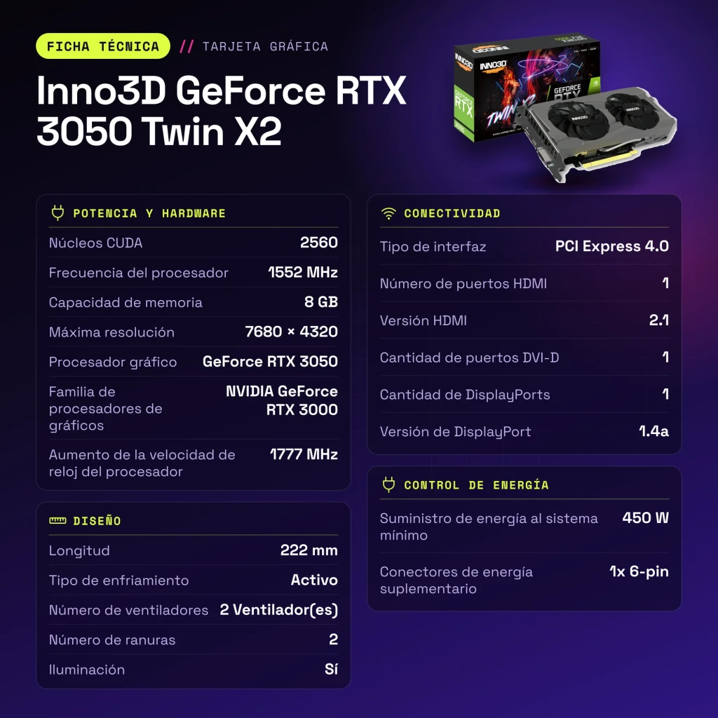 Inno3D GeForce RTX 3050 Twin X2 8GB GDDR6 Preto - características
