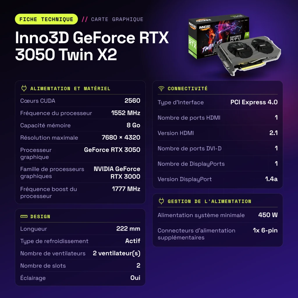 Inno3D GeForce RTX 3050 Twin X2 8GB GDDR6 Preto - características
