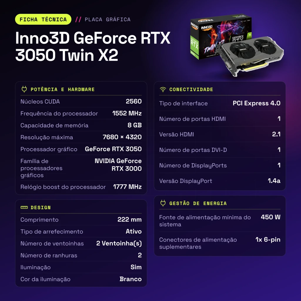 Inno3D GeForce RTX 3050 Twin X2 8GB GDDR6 Preto - características