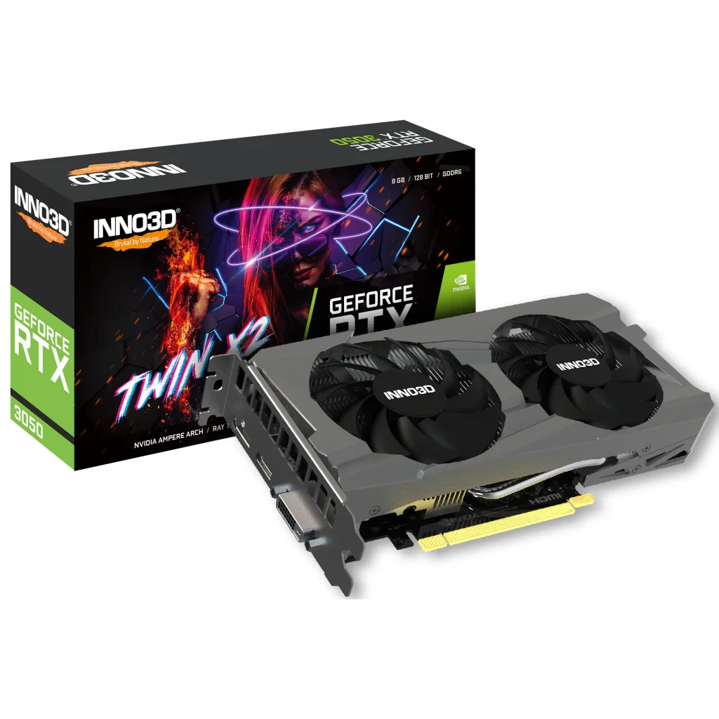 Inno3D GeForce RTX 3050 Twin X2 8GB GDDR6 Preto, conteúdo da caixa: placa com dois ventiladores cinza e embalagem retail