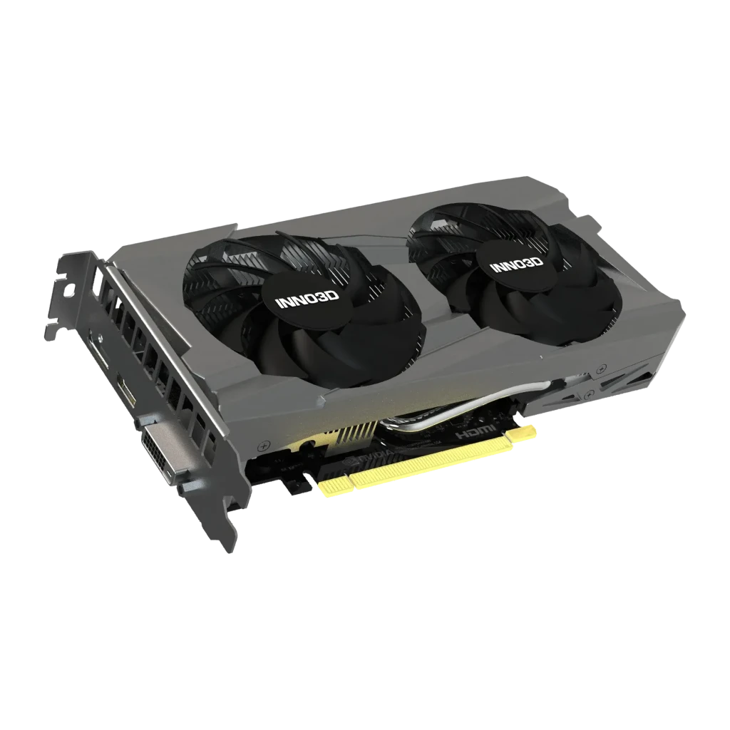 Inno3D GeForce RTX 3050 Twin X2 8GB GDDR6 Preto, vista frontal: dois ventiladores pretos com logo, bracket e conectores HDMI