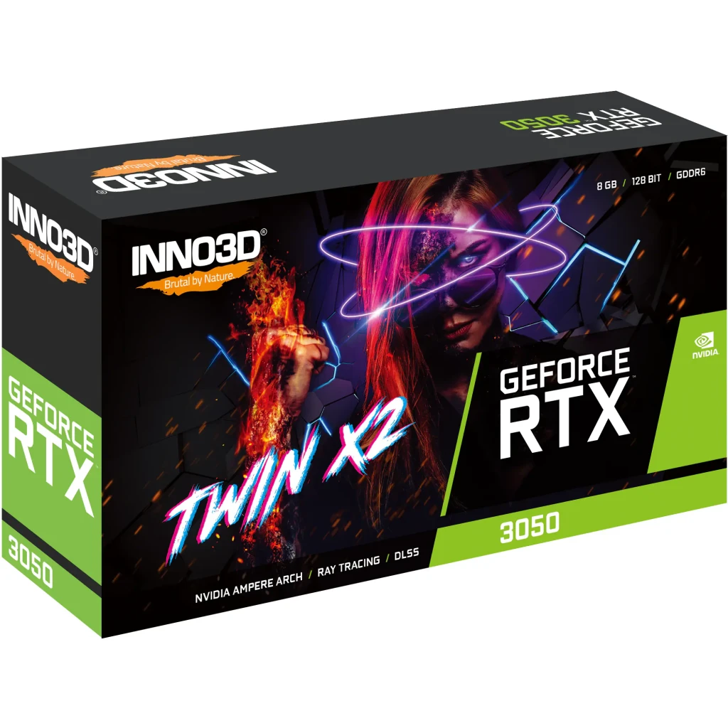 Inno3D GeForce RTX 3050 Twin X2 8GB GDDR6 Preto, conteúdo da caixa: caixa preta e verde em ângulo com ilustração gaming