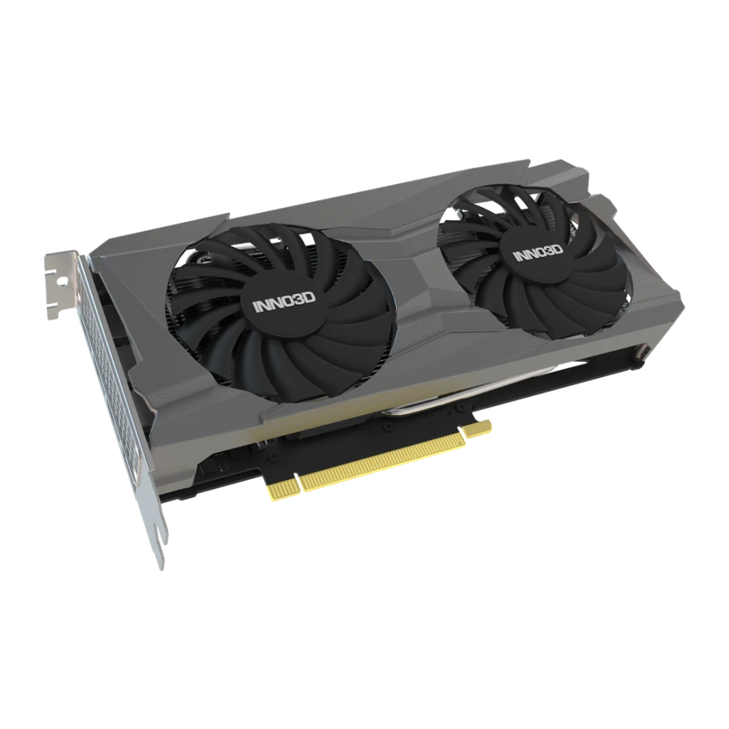 Inno3D GeForce RTX 3050 Twin X2 8GB GDDR6 Preto, detalhe: vista angular superior com dois ventoinhas e conector PCIe dourado