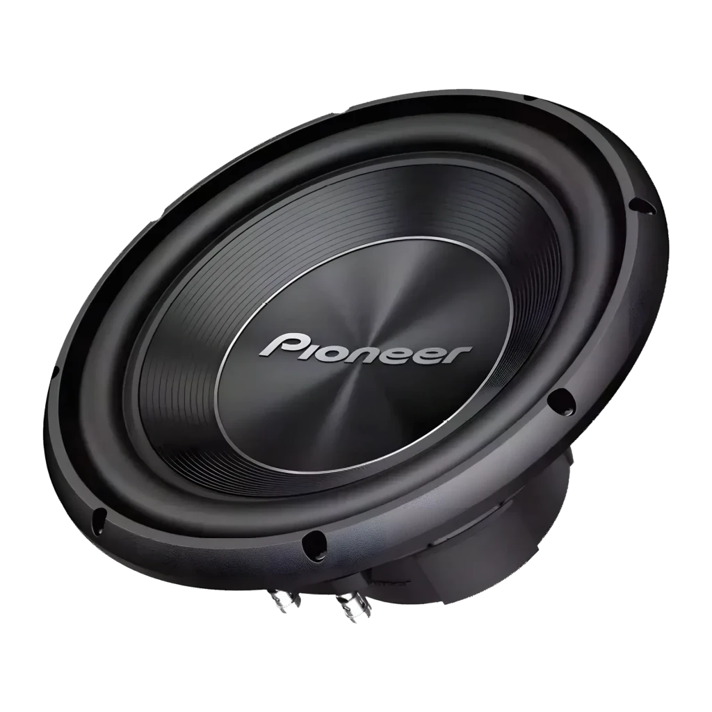 Subwoofer voiture Pioneer 1500W Max 500W RMS Passif 4Ω Noir TS-A300S4, vue de face: cône noir, dust cap avec logo Pioneer