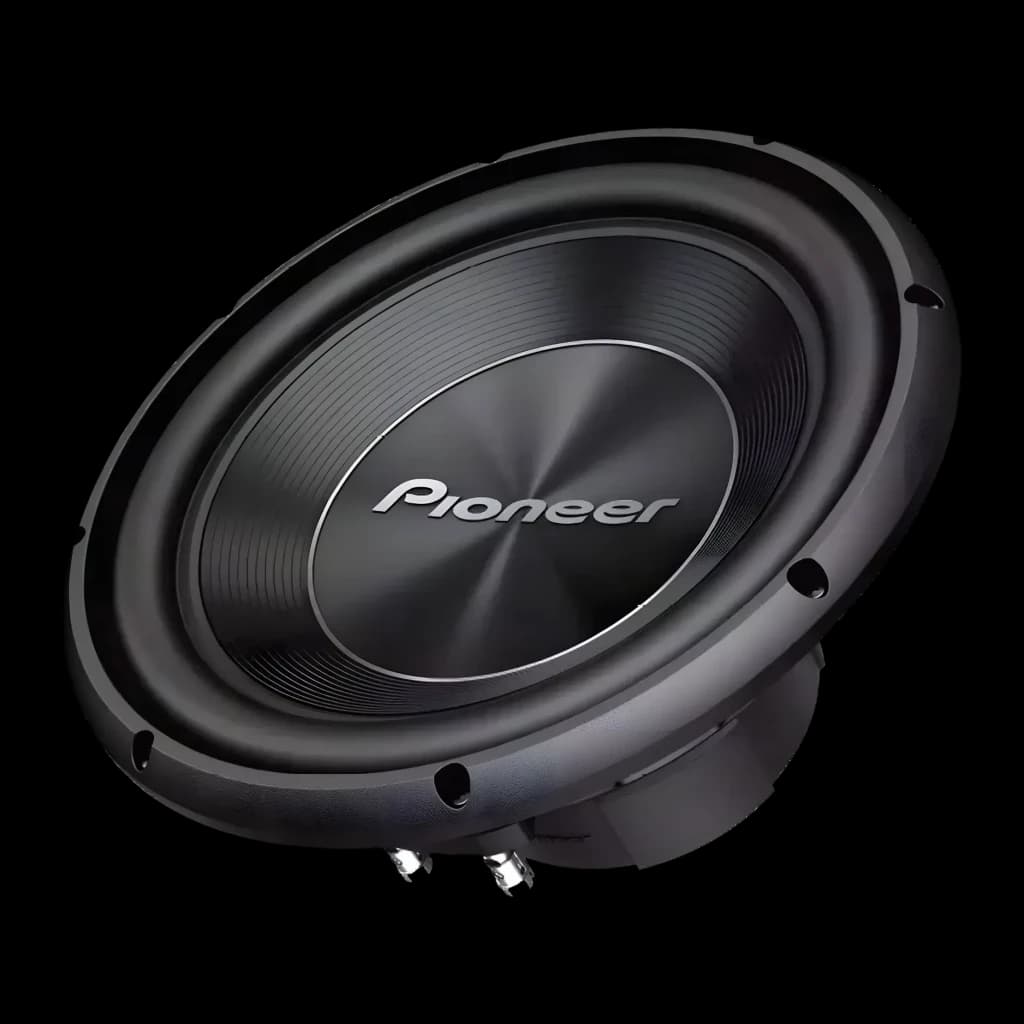 Subwoofer voiture Pioneer 1500W Max 500W RMS Passif 4Ω Noir TS-A300S4, vue de face: cône noir, dust cap avec logo Pioneer