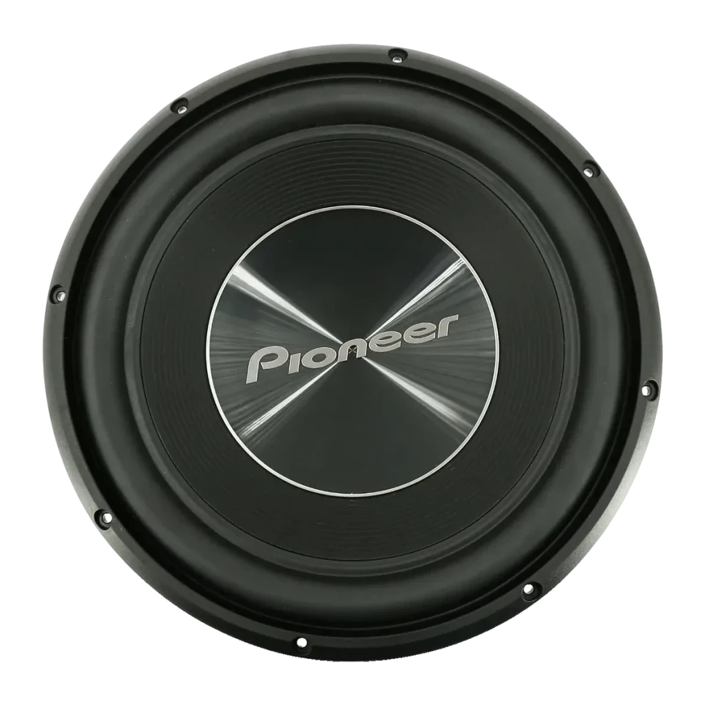 Subwoofer voiture Pioneer 1500W Max 500W RMS Passif 4Ω Noir TS-A300S4, détail: cône frontal avec dust cap métallique brossé