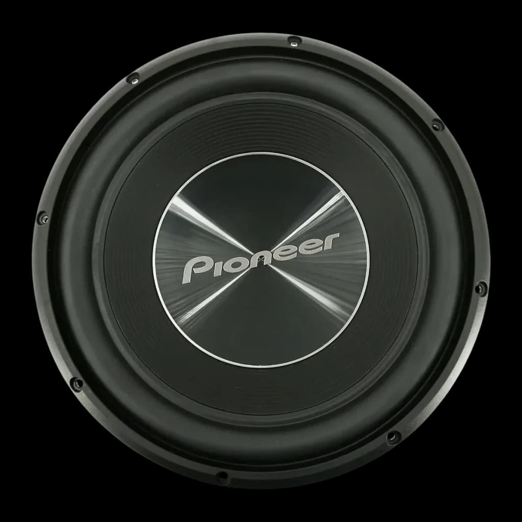 Subwoofer voiture Pioneer 1500W Max 500W RMS Passif 4Ω Noir TS-A300S4, détail: cône frontal avec dust cap métallique brossé