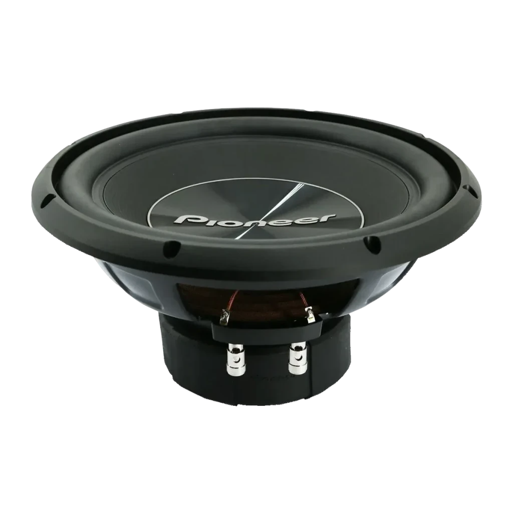 Subwoofer voiture Pioneer 1500W Max 500W RMS Passif 4Ω Noir TS-A300S4, détail: cône, suspension et bornes de connexion