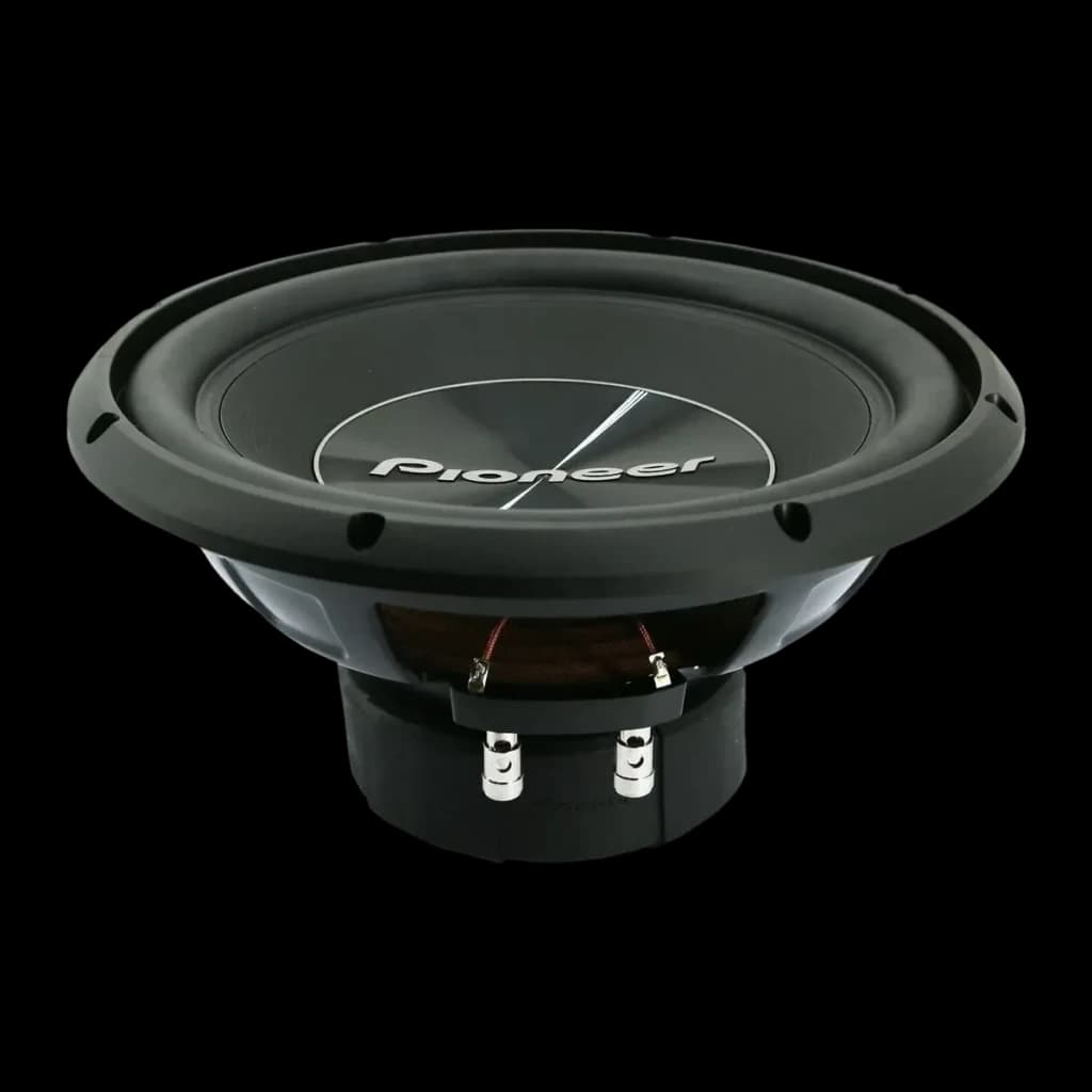 Subwoofer voiture Pioneer 1500W Max 500W RMS Passif 4Ω Noir TS-A300S4, détail: cône, suspension et bornes de connexion