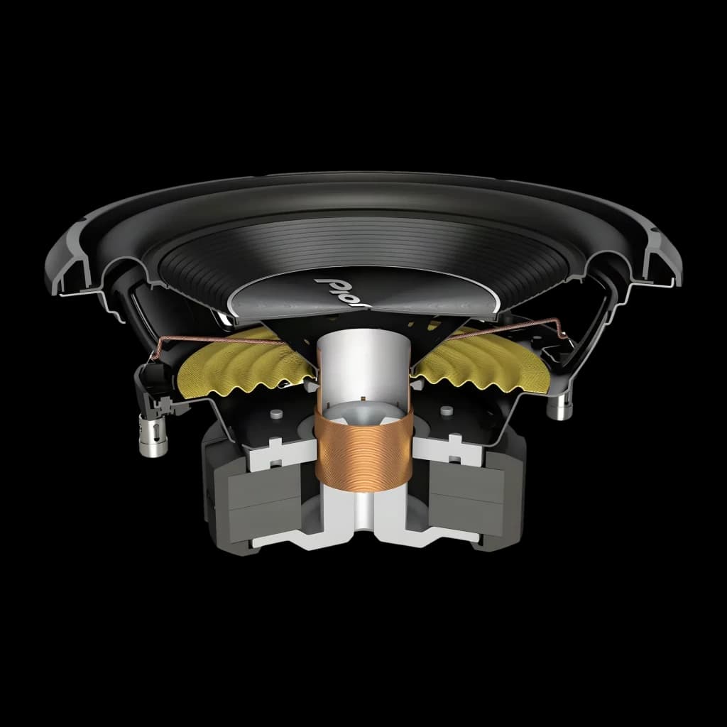 Subwoofer voiture Pioneer 1500W Max 500W RMS Passif 4Ω Noir TS-A300S4, coupe transversale: bobine mobile, araignée dorée