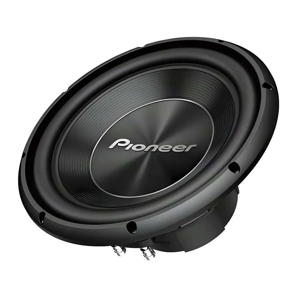 Subwoofer voiture Pioneer Double bobine 2×4Ω 500W RMS Noir TS-A300D4, vue avant: cône noir avec dust cap métallique et logo