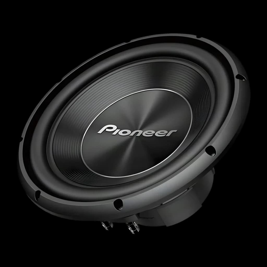 Subwoofer voiture Pioneer Double bobine 2×4Ω 500W RMS Noir TS-A300D4, vue avant: cône noir avec dust cap métallique et logo