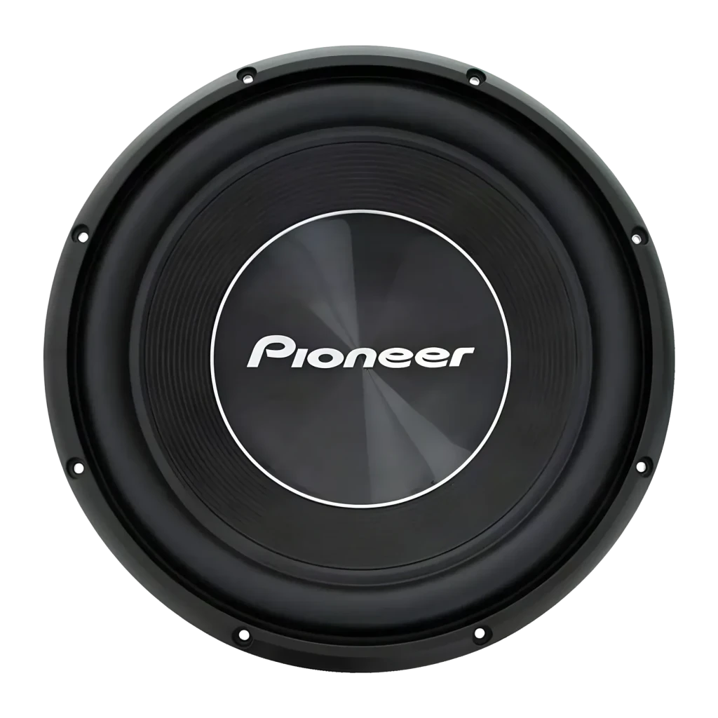 Subwoofer voiture Pioneer Double bobine 2×4Ω 500W RMS Noir TS-A300D4, détail: vue de face du cône noir avec logo Pioneer