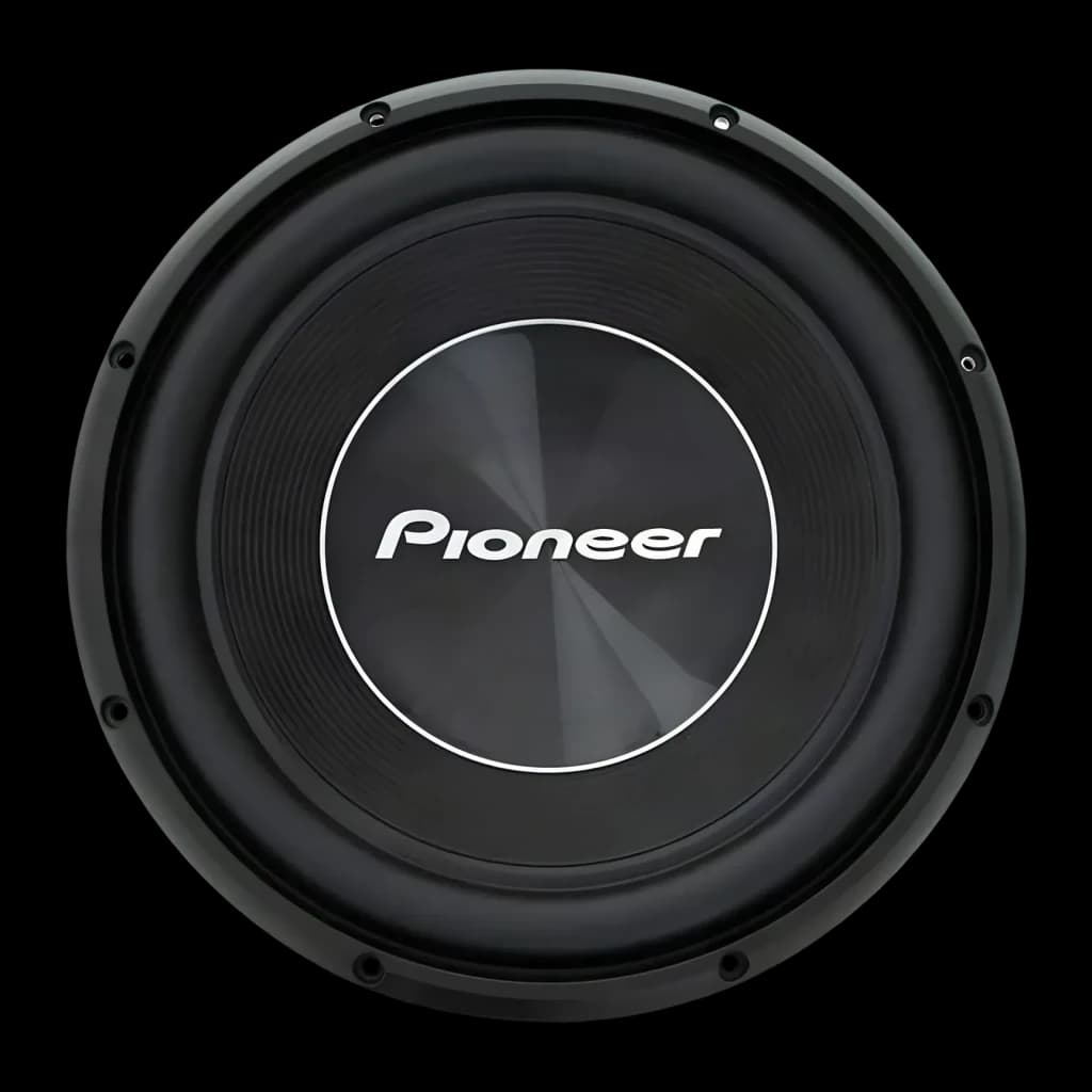 Subwoofer voiture Pioneer Double bobine 2×4Ω 500W RMS Noir TS-A300D4, détail: vue de face du cône noir avec logo Pioneer