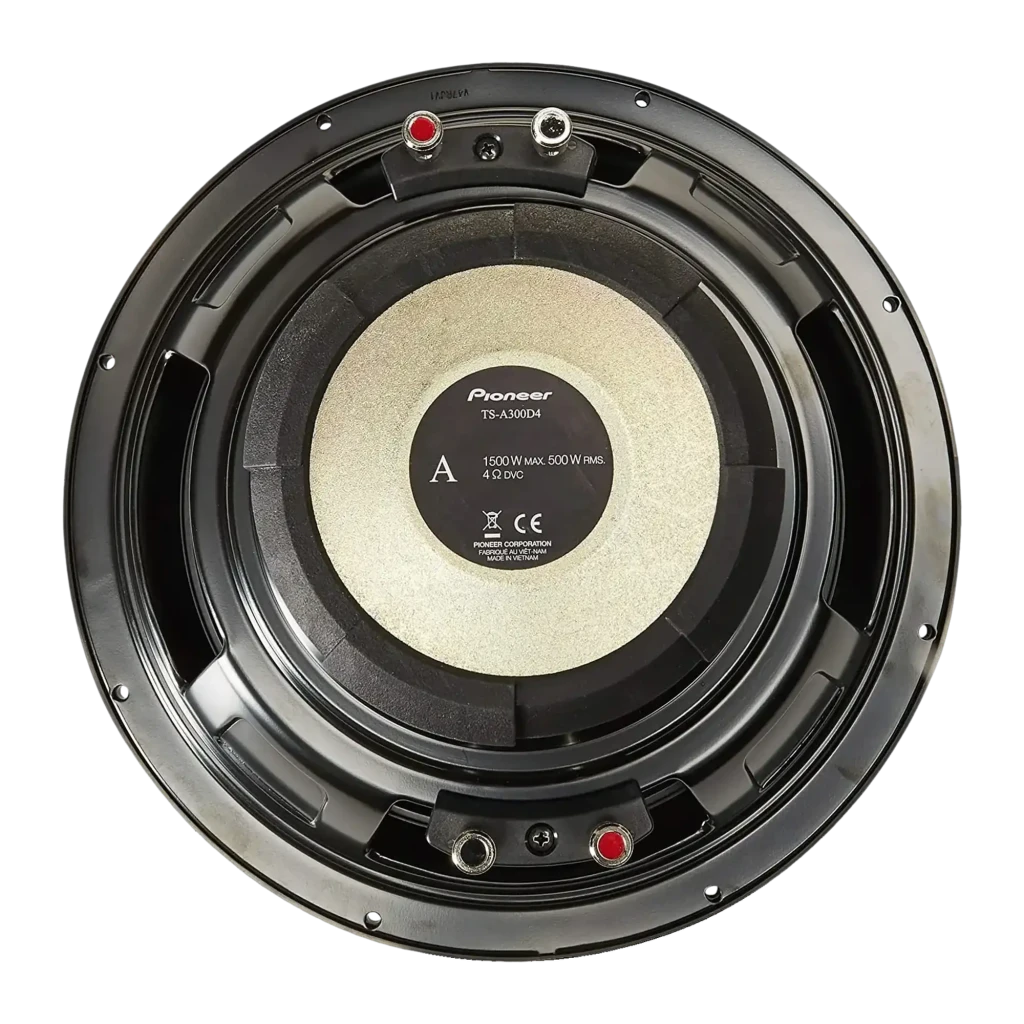 Subwoofer voiture Pioneer Double bobine 2×4Ω 500W RMS Noir TS-A300D4, vue arrière: panier noir, cône beige et bornes