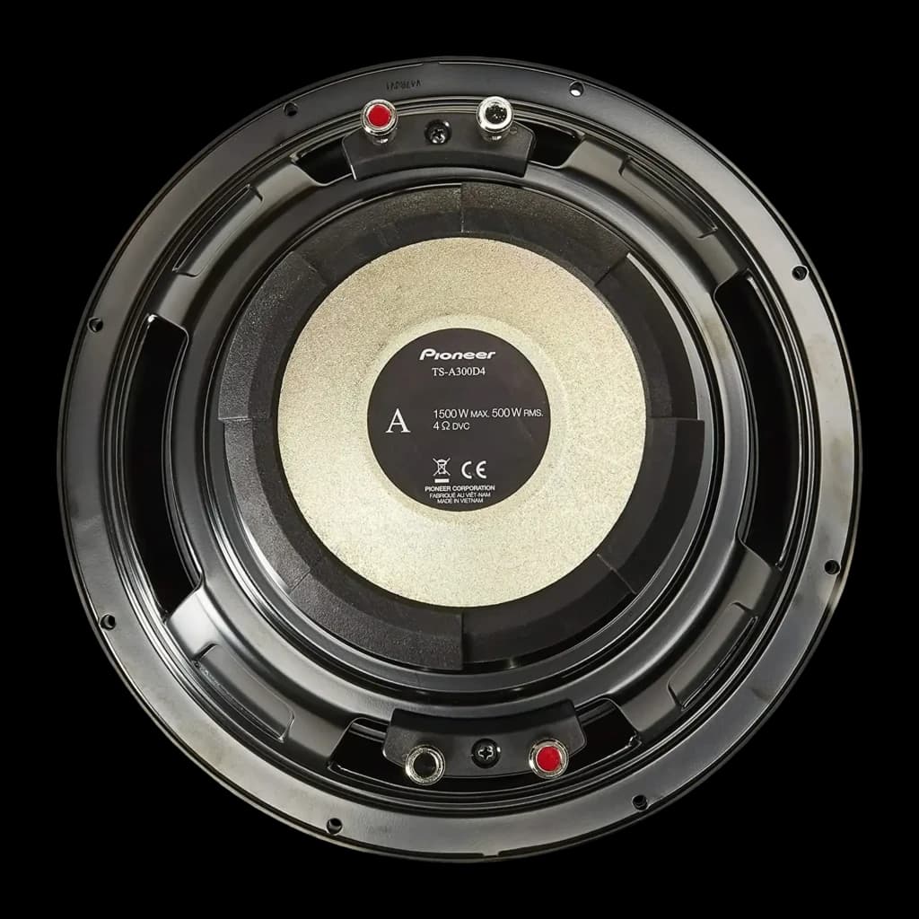 Subwoofer voiture Pioneer Double bobine 2×4Ω 500W RMS Noir TS-A300D4, vue arrière: panier noir, cône beige et bornes