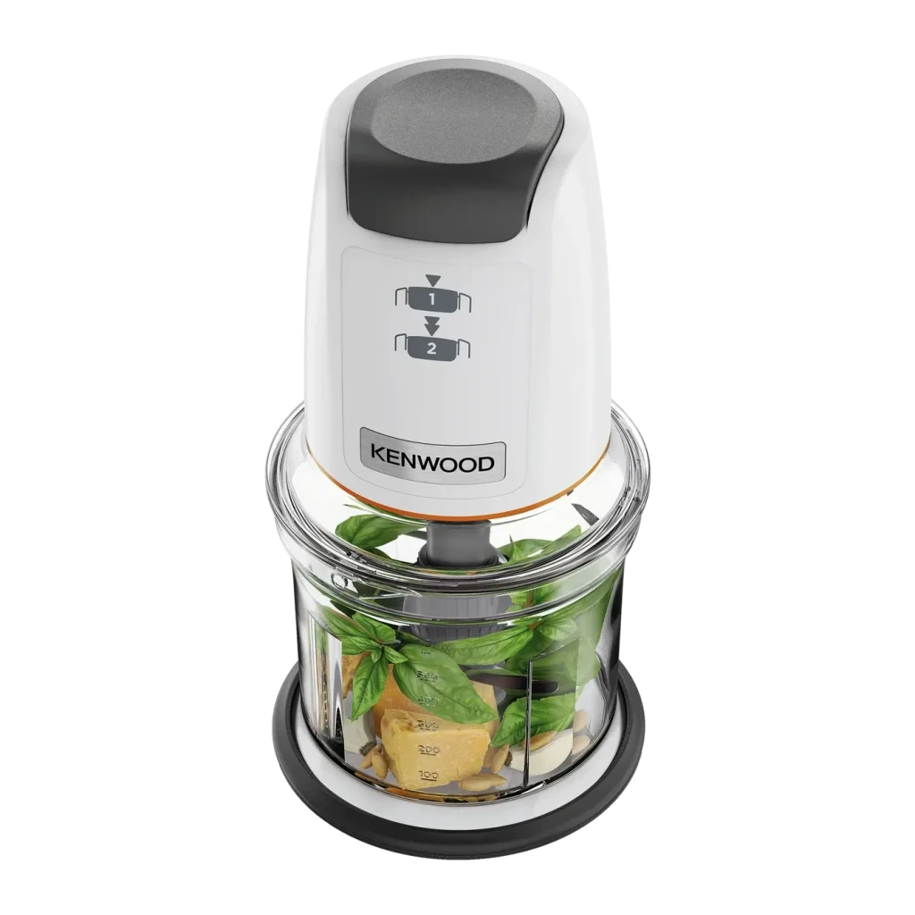 Hachoir Kenwood Easy Chop 0,5L 500W Fonction Pulse Acier Inoxydable CHP61.100WH, détail: bol transparent avec basilic