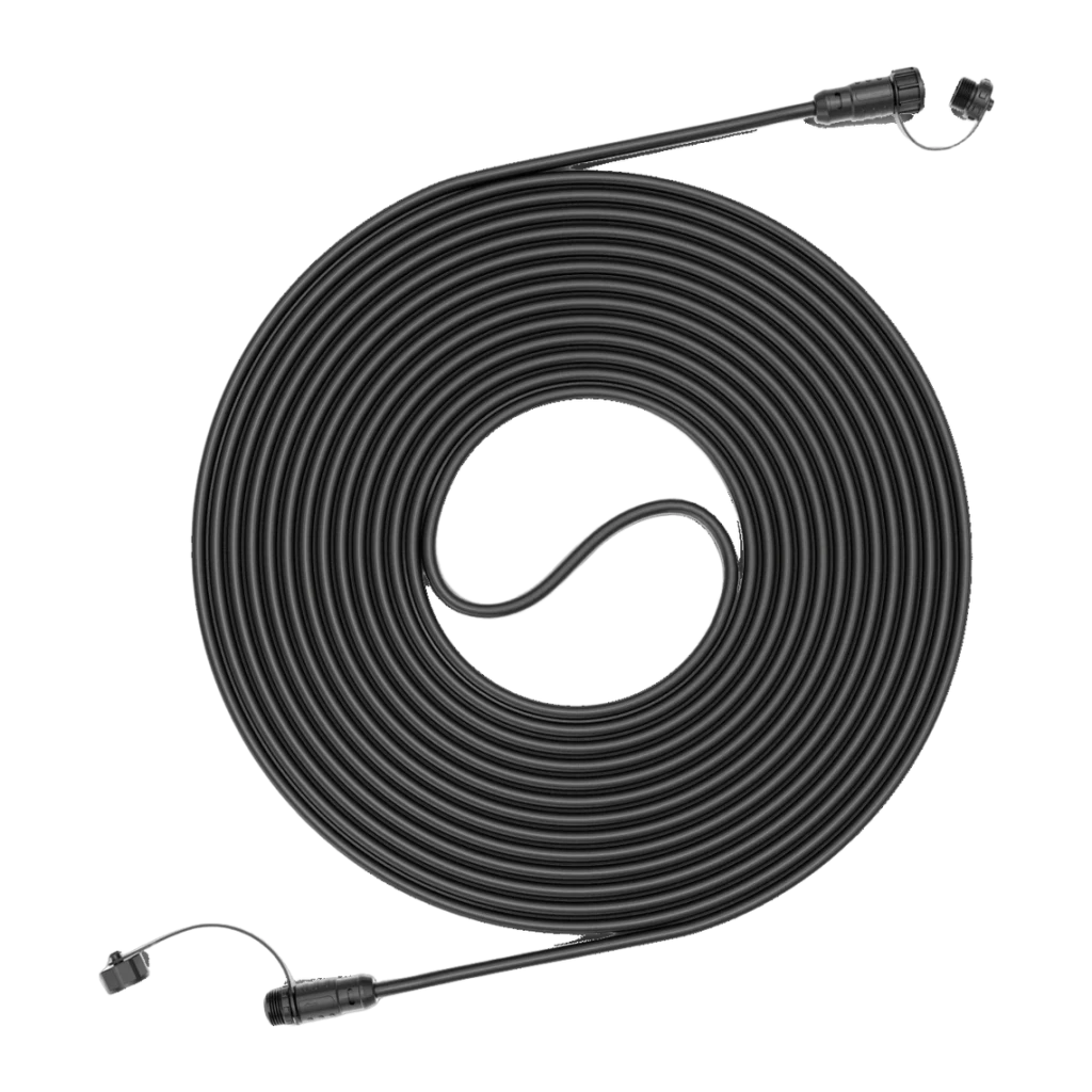 Cabo Extensor de Antena Segway Navimow HA103 Preto, detalhe: cabo enrolado em espiral com dois conectores impermeáveis nas