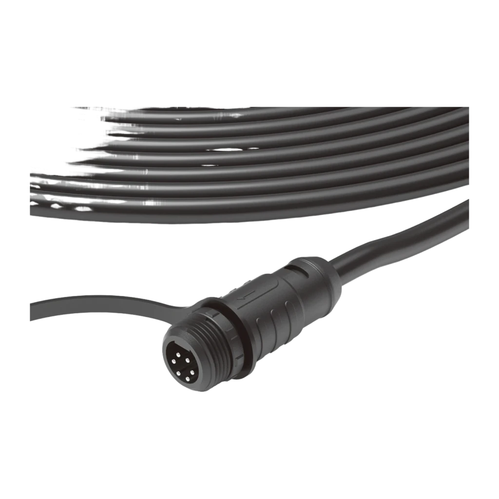 Cabo Extensor de Antena Segway Navimow HA103 Preto, detalhe: conector circular com pinos e cabo enrolado