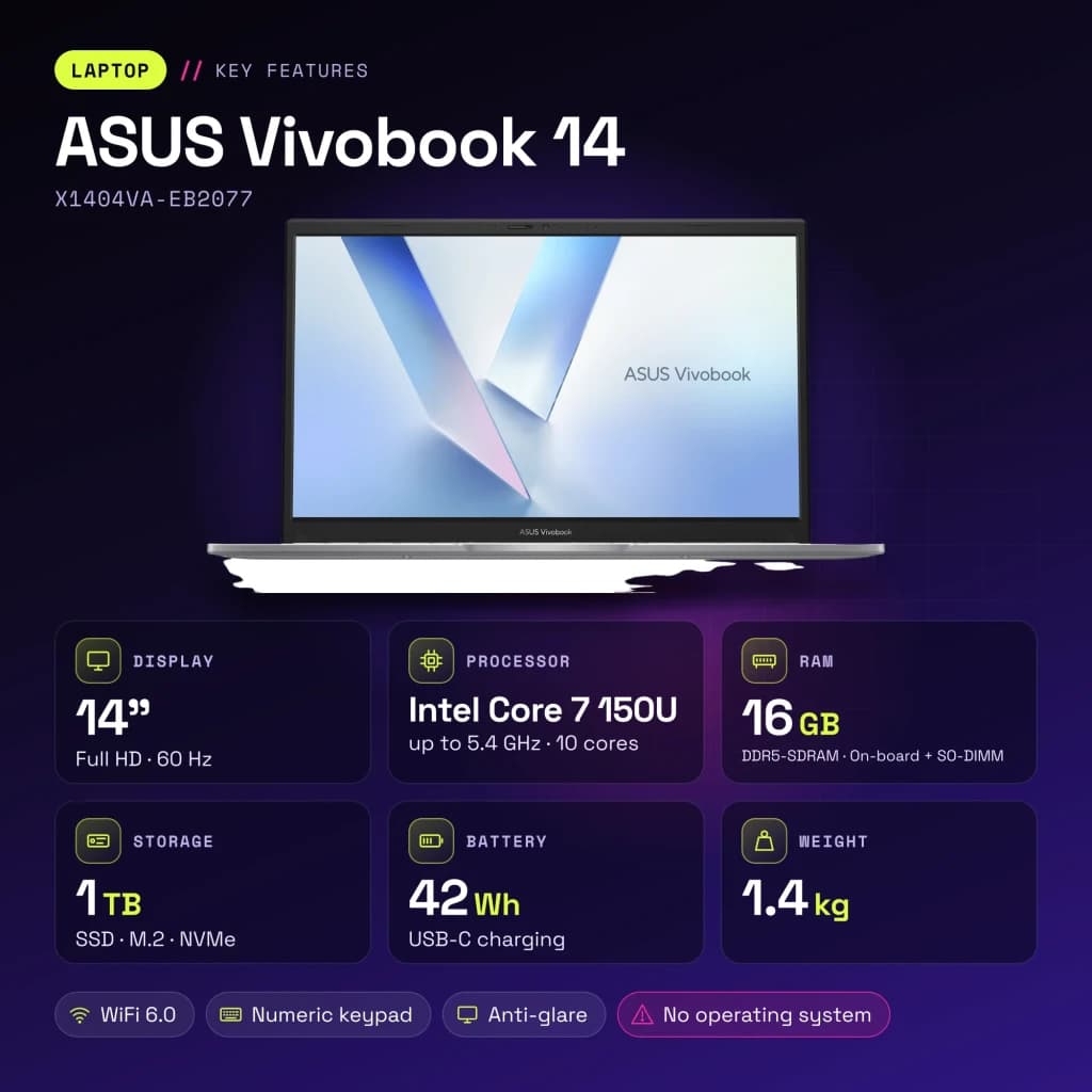 PC portable ASUS Vivobook 14 16Go/1To SSD 14 pouces Full HD Intel Core 7 150U Sans Système d'Exploitation Argent X1404VA-EB2077 - caractéristiques