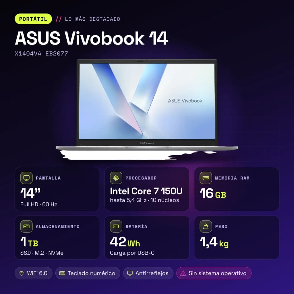 PC portable ASUS Vivobook 14 16Go/1To SSD 14 pouces Full HD Intel Core 7 150U Sans Système d'Exploitation Argent X1404VA-EB2077 - caractéristiques