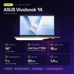 PC portable ASUS Vivobook 14 16Go/1To SSD 14 pouces Full HD Intel Core 7 150U Sans Système d'Exploitation Argent X1404VA-EB2077 - caractéristiques