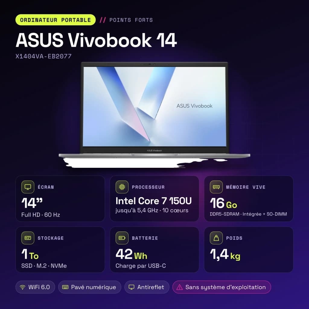 PC portable ASUS Vivobook 14 16Go/1To SSD 14 pouces Full HD Intel Core 7 150U Sans Système d'Exploitation Argent X1404VA-EB2077 - caractéristiques