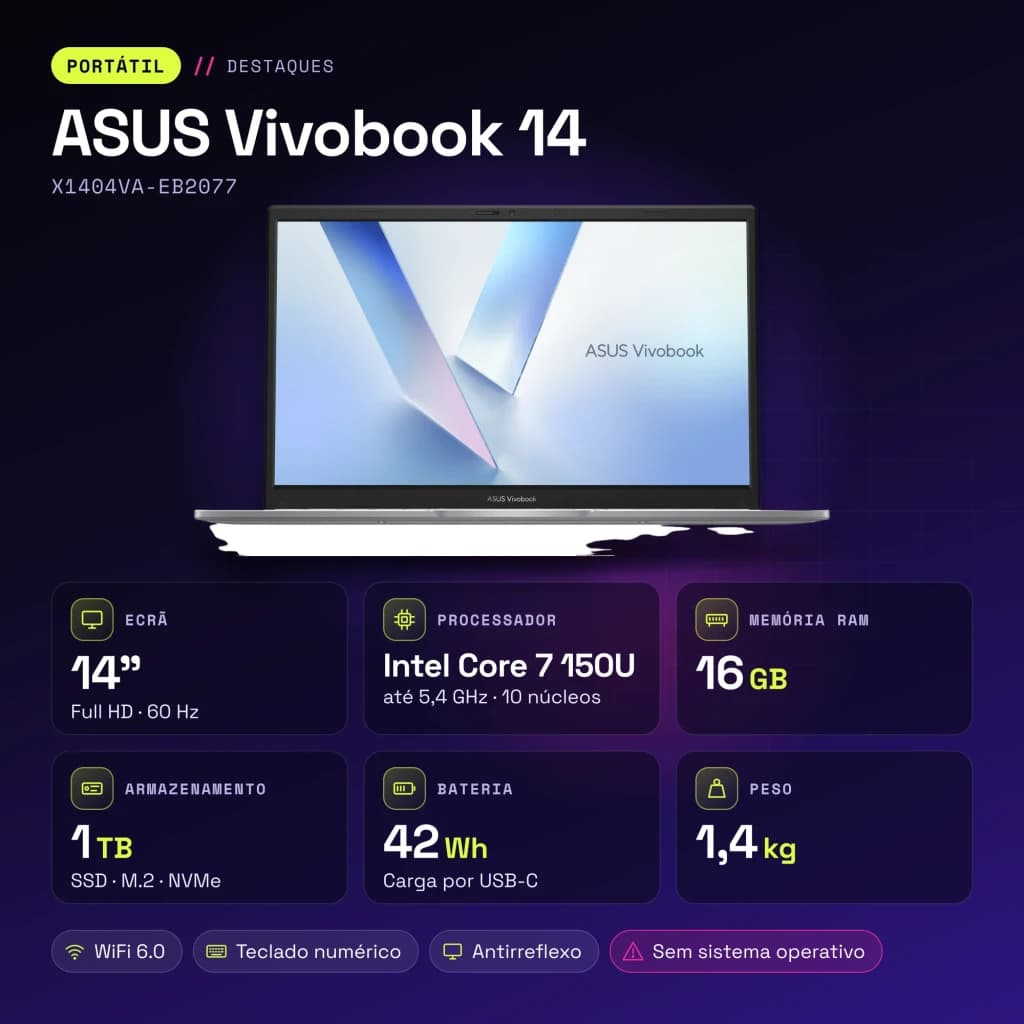 PC portable ASUS Vivobook 14 16Go/1To SSD 14 pouces Full HD Intel Core 7 150U Sans Système d'Exploitation Argent X1404VA-EB2077 - caractéristiques