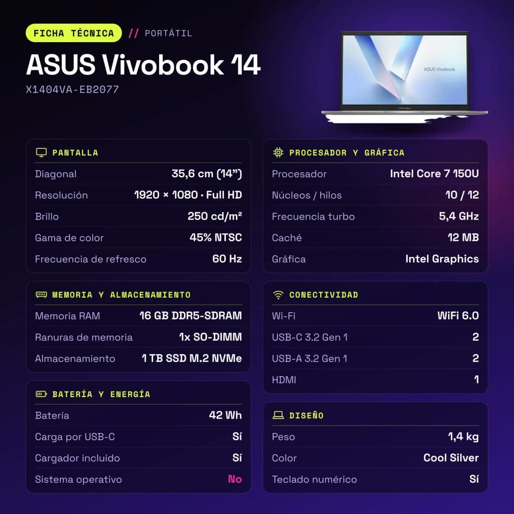PC portable ASUS Vivobook 14 16Go/1To SSD 14 pouces Full HD Intel Core 7 150U Sans Système d'Exploitation Argent X1404VA-EB2077 - caractéristiques