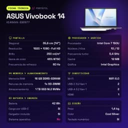PC portable ASUS Vivobook 14 16Go/1To SSD 14 pouces Full HD Intel Core 7 150U Sans Système d'Exploitation Argent X1404VA-EB2077 - caractéristiques