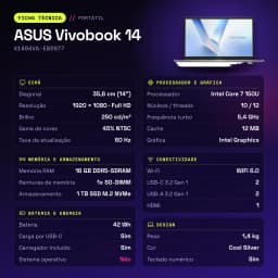 PC portable ASUS Vivobook 14 16Go/1To SSD 14 pouces Full HD Intel Core 7 150U Sans Système d'Exploitation Argent X1404VA-EB2077 - caractéristiques