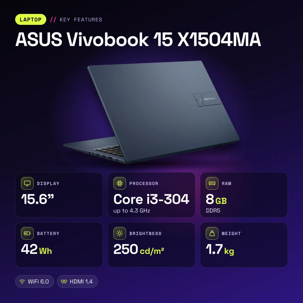 Portátil ASUS Vivobook 15 8GB/256GB 15,6 pulgadas FHD IPS Intel Core 3 304 SSD NVMe M.2 Windows 11 Home Azul Teclado Francés X1504MA - características