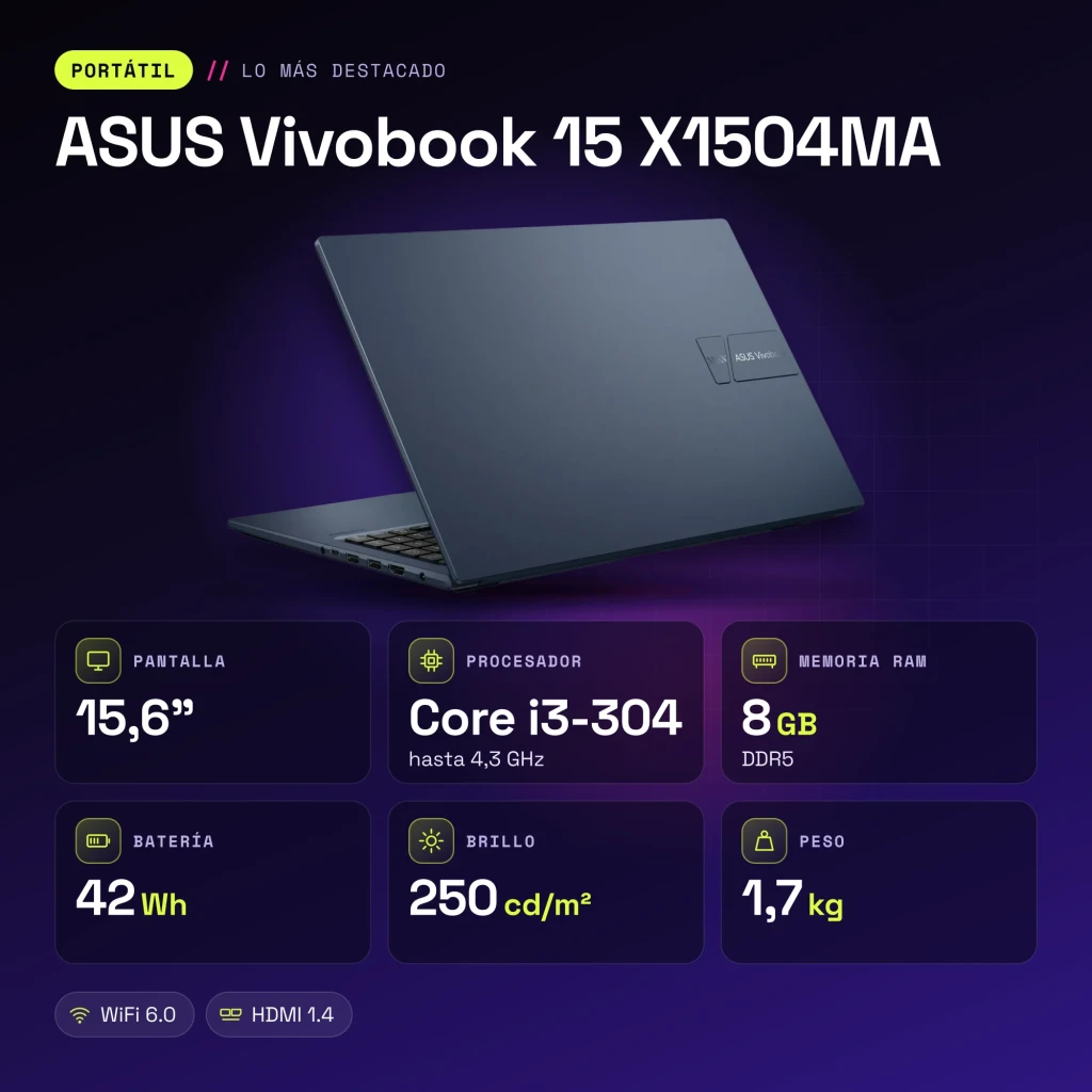 Portátil ASUS Vivobook 15 8GB/256GB 15,6 pulgadas FHD IPS Intel Core 3 304 SSD NVMe M.2 Windows 11 Home Azul Teclado Francés X1504MA - características