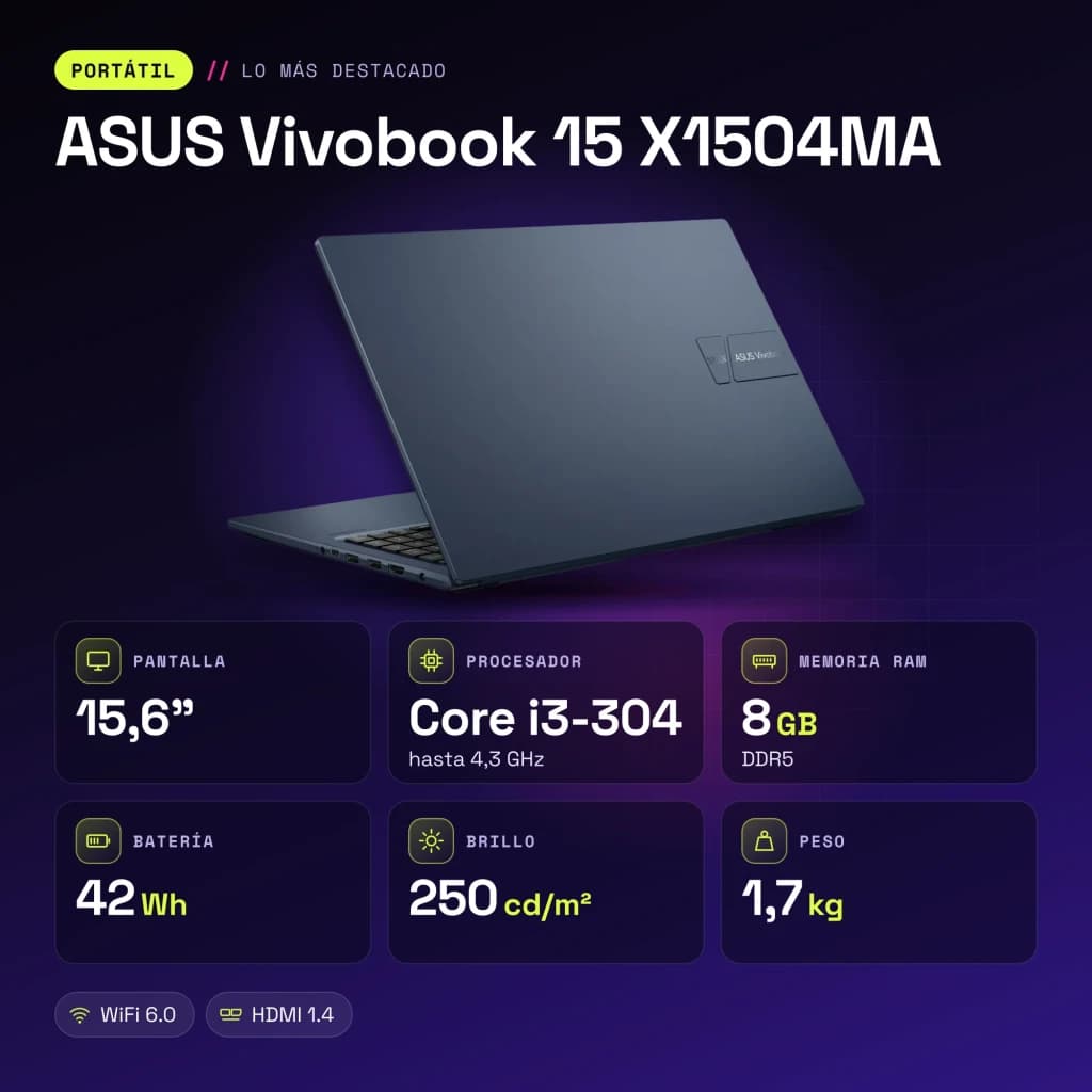 Portátil ASUS Vivobook 15 8GB/256GB 15,6 pulgadas FHD IPS Intel Core 3 304 SSD NVMe M.2 Windows 11 Home Azul Teclado Francés X1504MA - características
