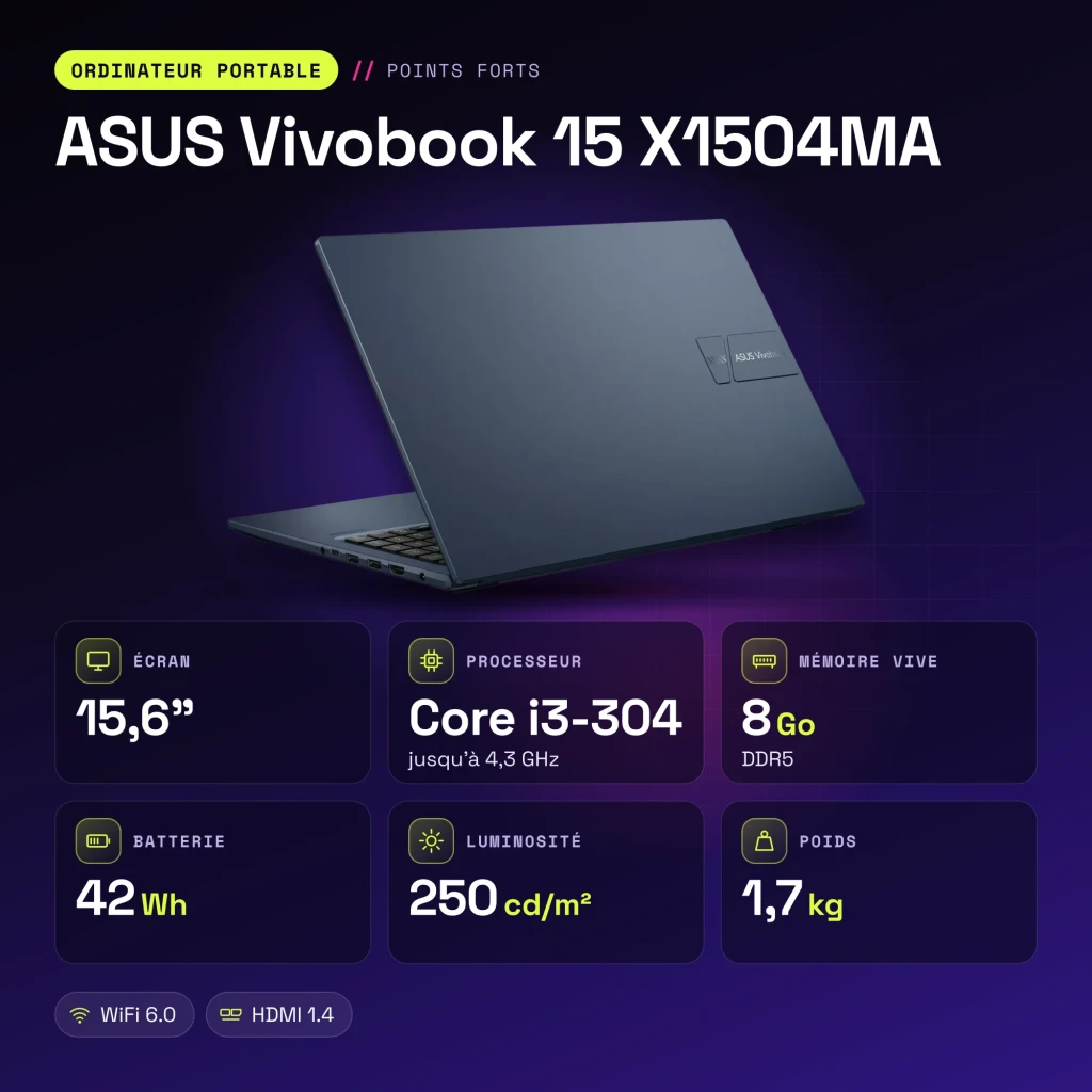 Portátil ASUS Vivobook 15 8GB/256GB 15,6 pulgadas FHD IPS Intel Core 3 304 SSD NVMe M.2 Windows 11 Home Azul Teclado Francés X1504MA - características
