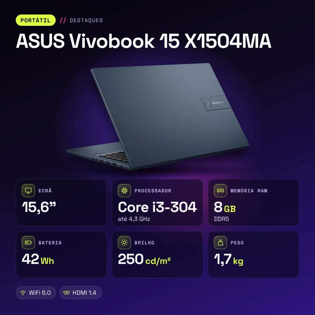 Portátil ASUS Vivobook 15 8GB/256GB 15,6 pulgadas FHD IPS Intel Core 3 304 SSD NVMe M.2 Windows 11 Home Azul Teclado Francés X1504MA - características