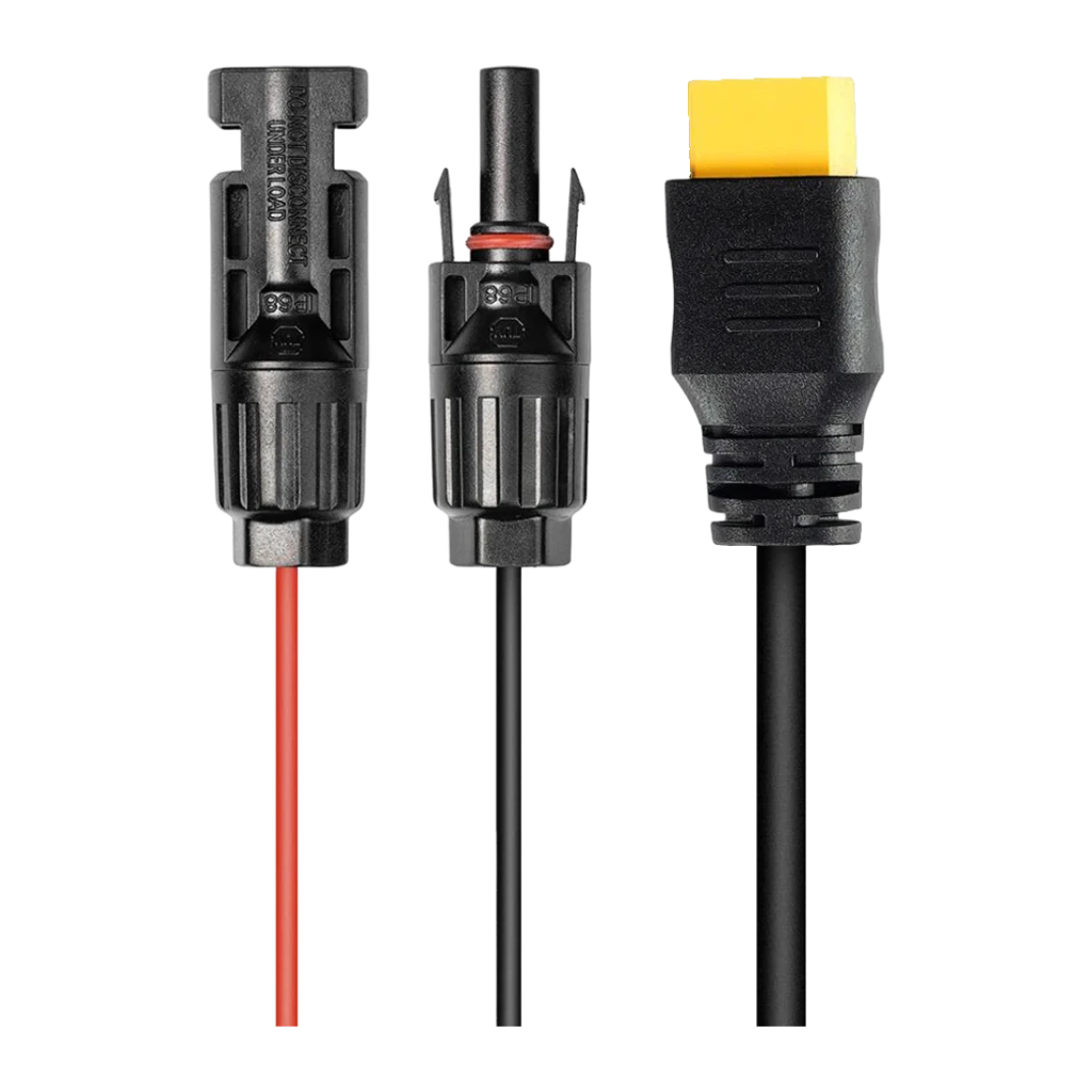 Câble Solaire FOSSIBOT 5m MC4 vers XT90 Noir XT90-MC4, détail: connecteurs MC4 mâle et femelle IP68 et prise XT90 jaune