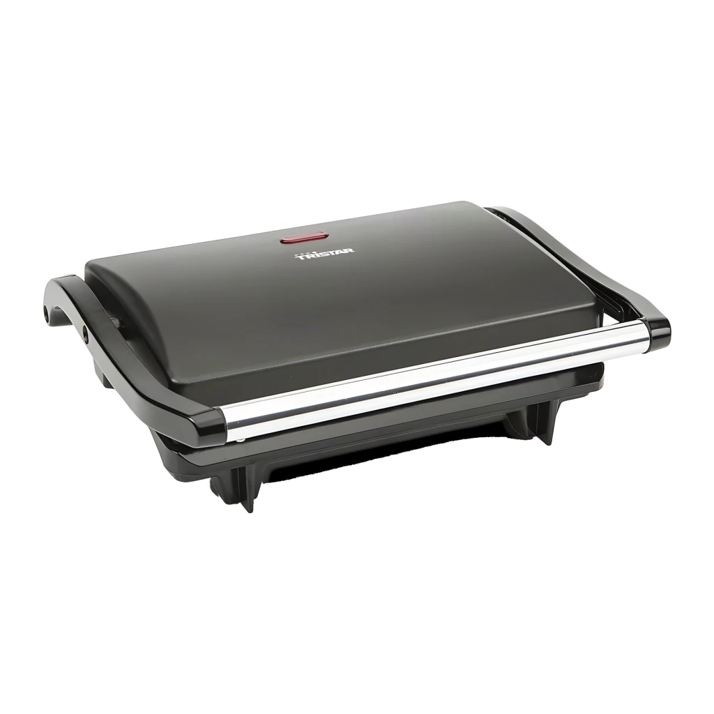 Grill de contacto TriStar 700W 225x140mm Negro GR-2650, detalle: tapa cerrada con logo, asa cromada y patas antideslizantes