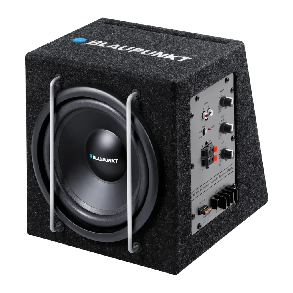 Caisson de basse voiture Blaupunkt GTb 8200 A Actif 75W RMS Noir, vue avant: caisson recouvert, haut-parleur avec grille