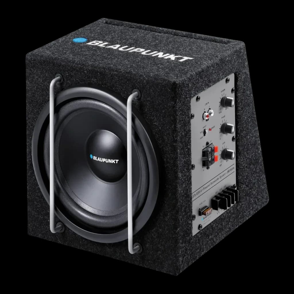 Caisson de basse voiture Blaupunkt GTb 8200 A Actif 75W RMS Noir, vue avant: caisson recouvert, haut-parleur avec grille
