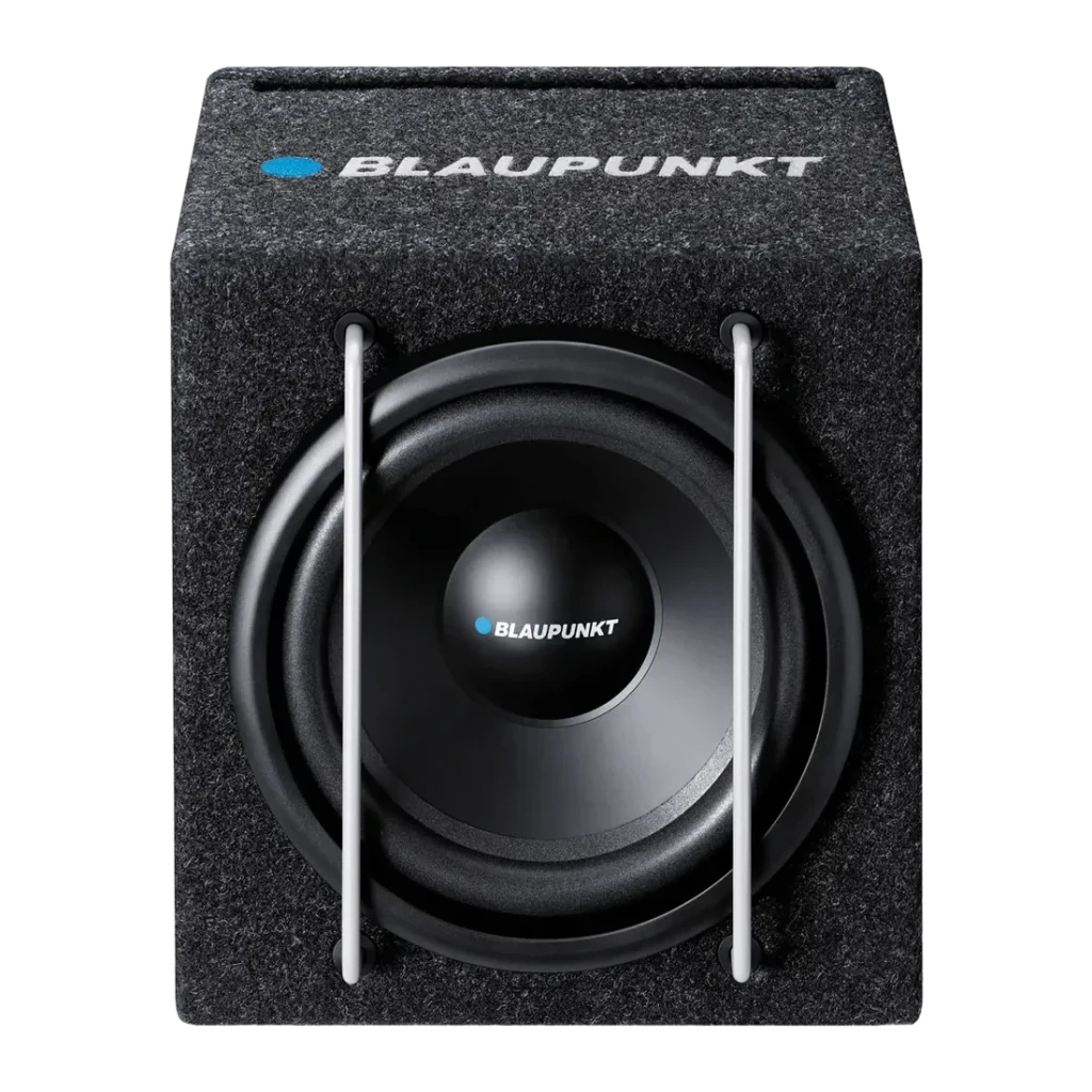 Caisson de basse voiture Blaupunkt GTb 8200 A Actif 75W RMS Noir, détail: haut-parleur frontal en caisson recouvert