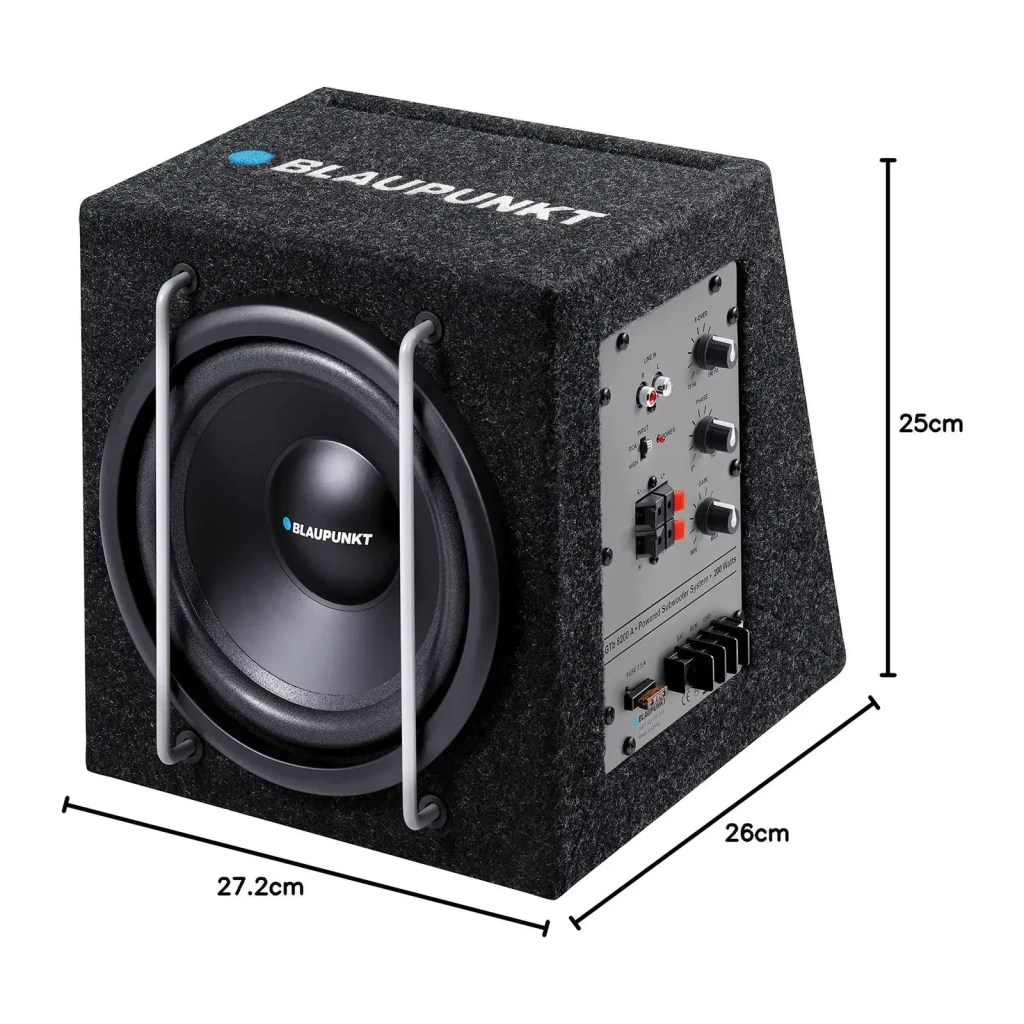 Caisson de basse voiture Blaupunkt GTb 8200 A Actif 75W RMS Noir, vue latérale: dimensions 27,2x26x25cm, haut-parleur