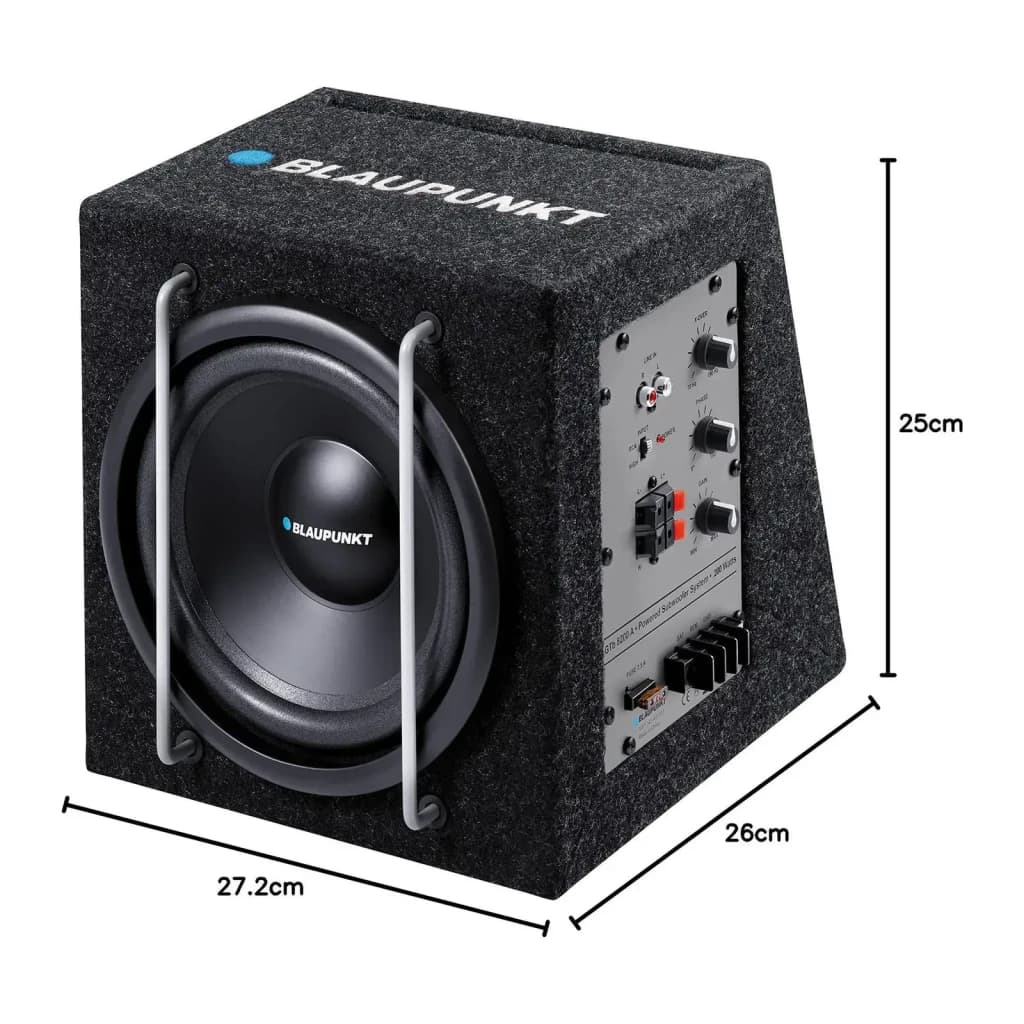 Caisson de basse voiture Blaupunkt GTb 8200 A Actif 75W RMS Noir, vue latérale: dimensions 27,2x26x25cm, haut-parleur