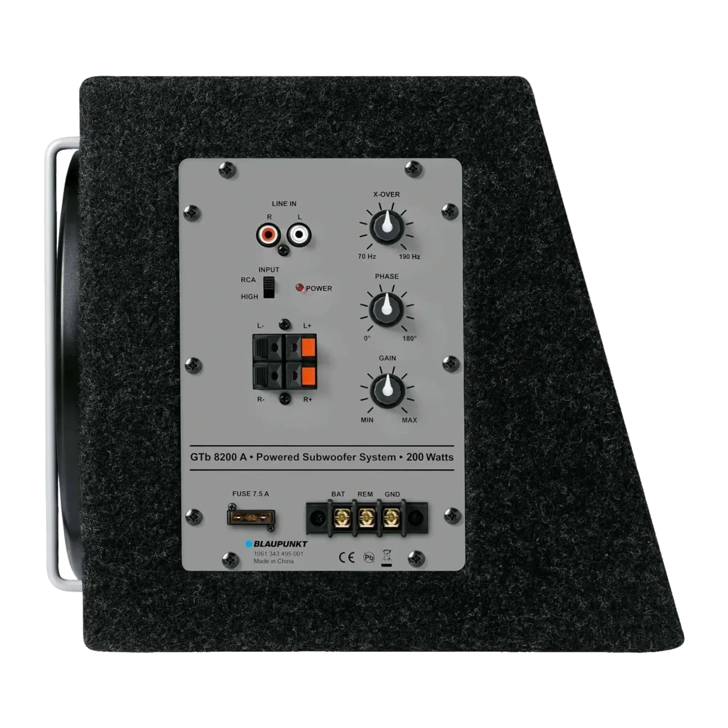 Caisson de basse voiture Blaupunkt GTb 8200 A Actif 75W RMS Noir, détail: panneau arrière avec entrées RCA, réglages X-Over