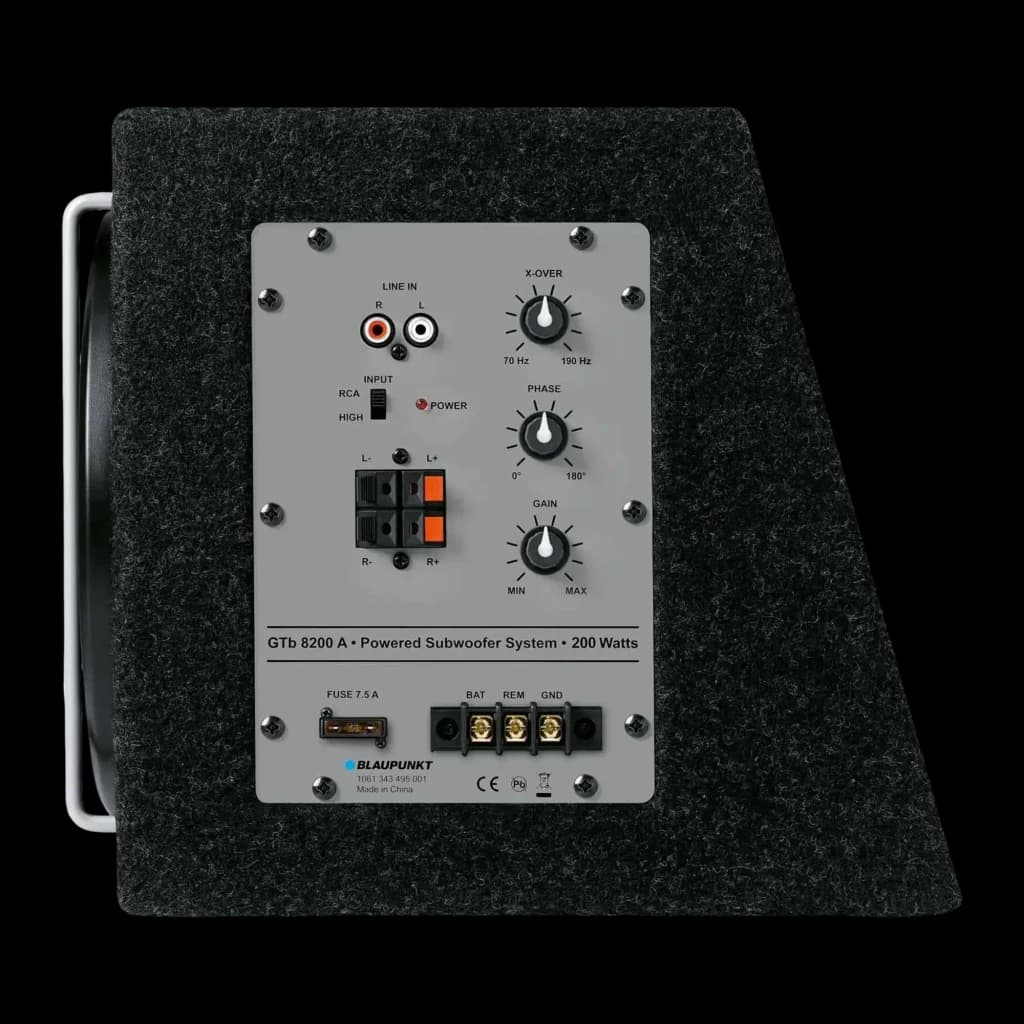 Caisson de basse voiture Blaupunkt GTb 8200 A Actif 75W RMS Noir, détail: panneau arrière avec entrées RCA, réglages X-Over