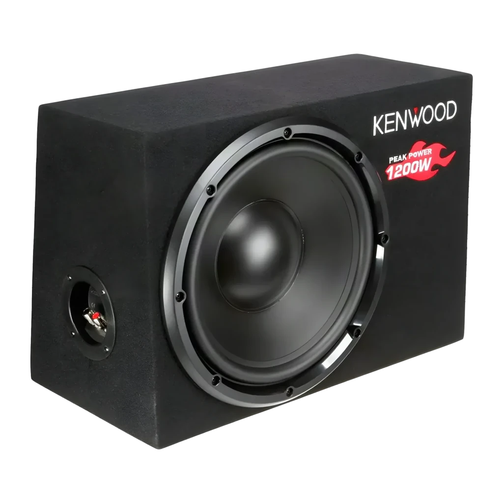 Caisson de basses voiture Kenwood 30cm Passif 300W RMS Noir KSC-W1200B, détail: caisson recouvert noir en angle