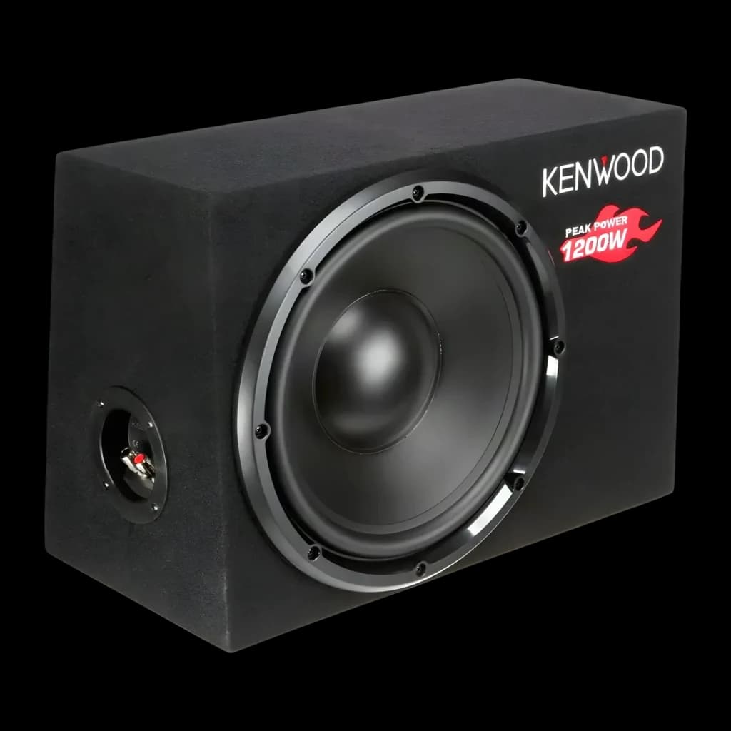 Caisson de basses voiture Kenwood 30cm Passif 300W RMS Noir KSC-W1200B, détail: caisson recouvert noir en angle